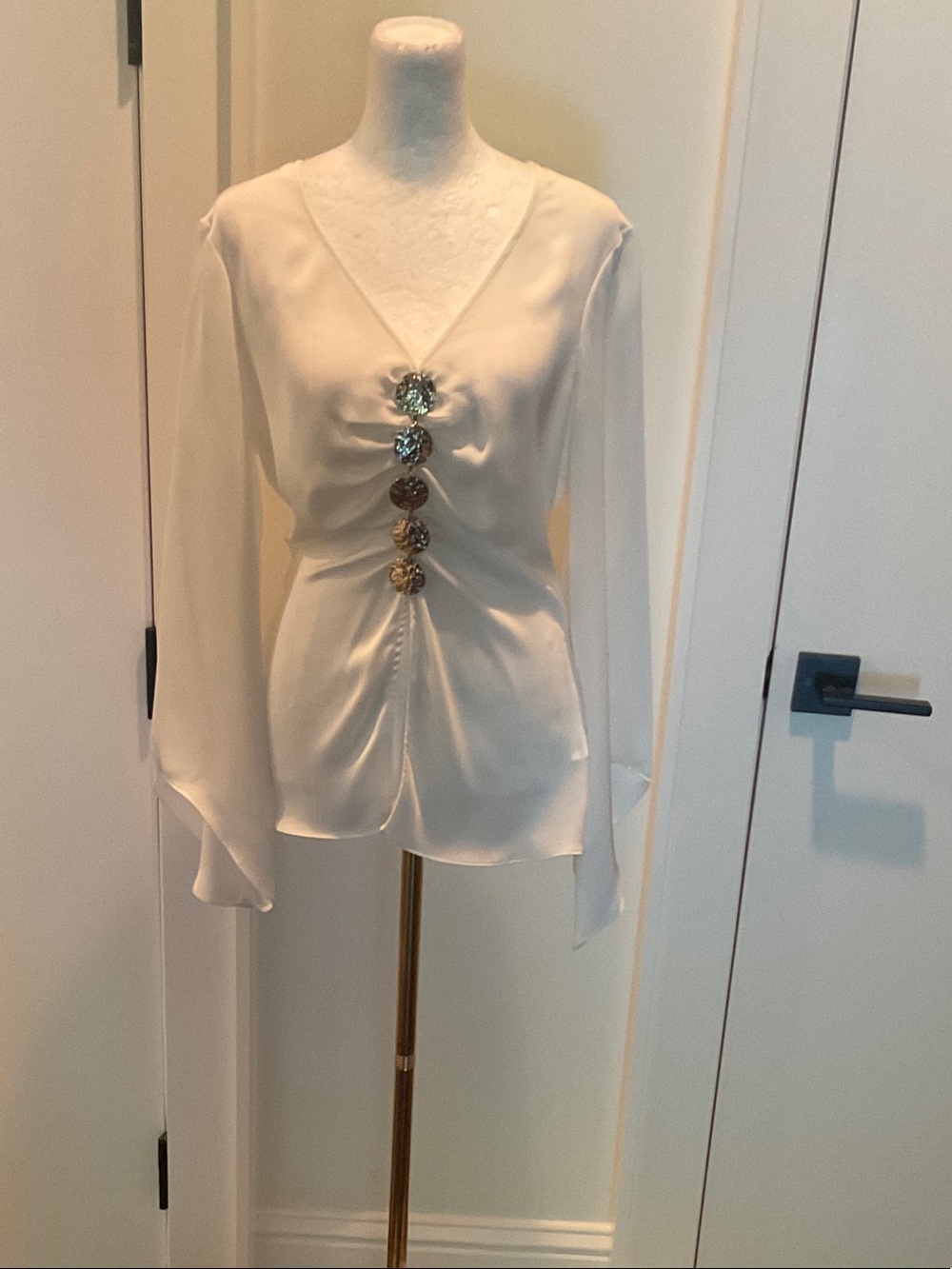 Ramy Brook Ivory V-Neck Blouse with Decorative Jewel Buttons
